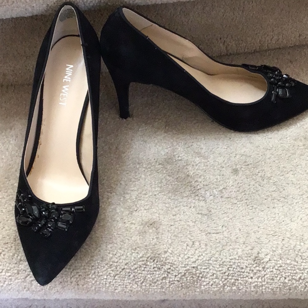 Nine West Black Suede Women's Heels with black stone accents, $30